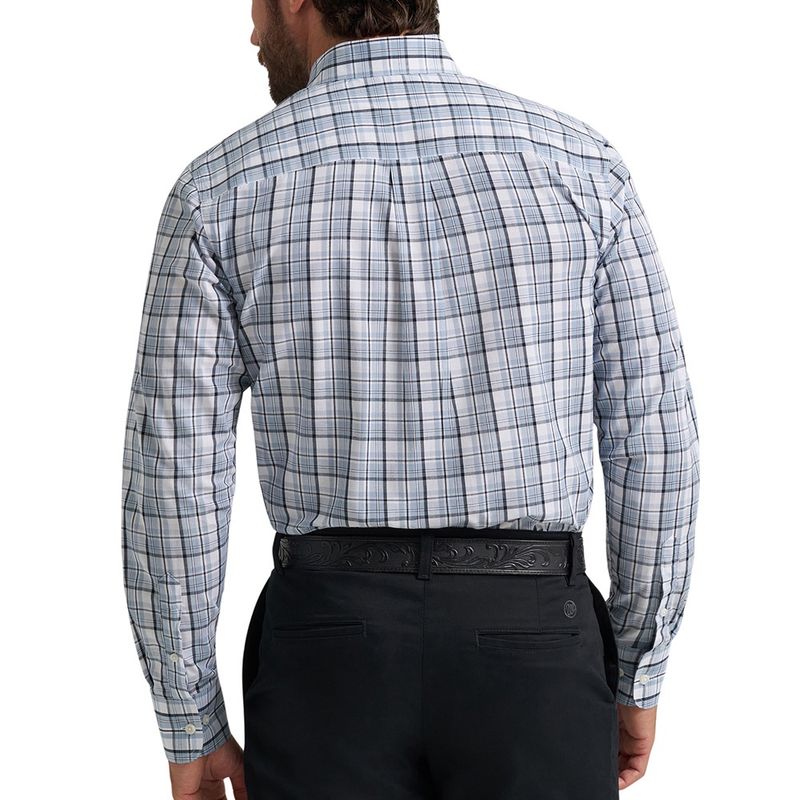 Wrangler Riata blue gray plaid shirt back view