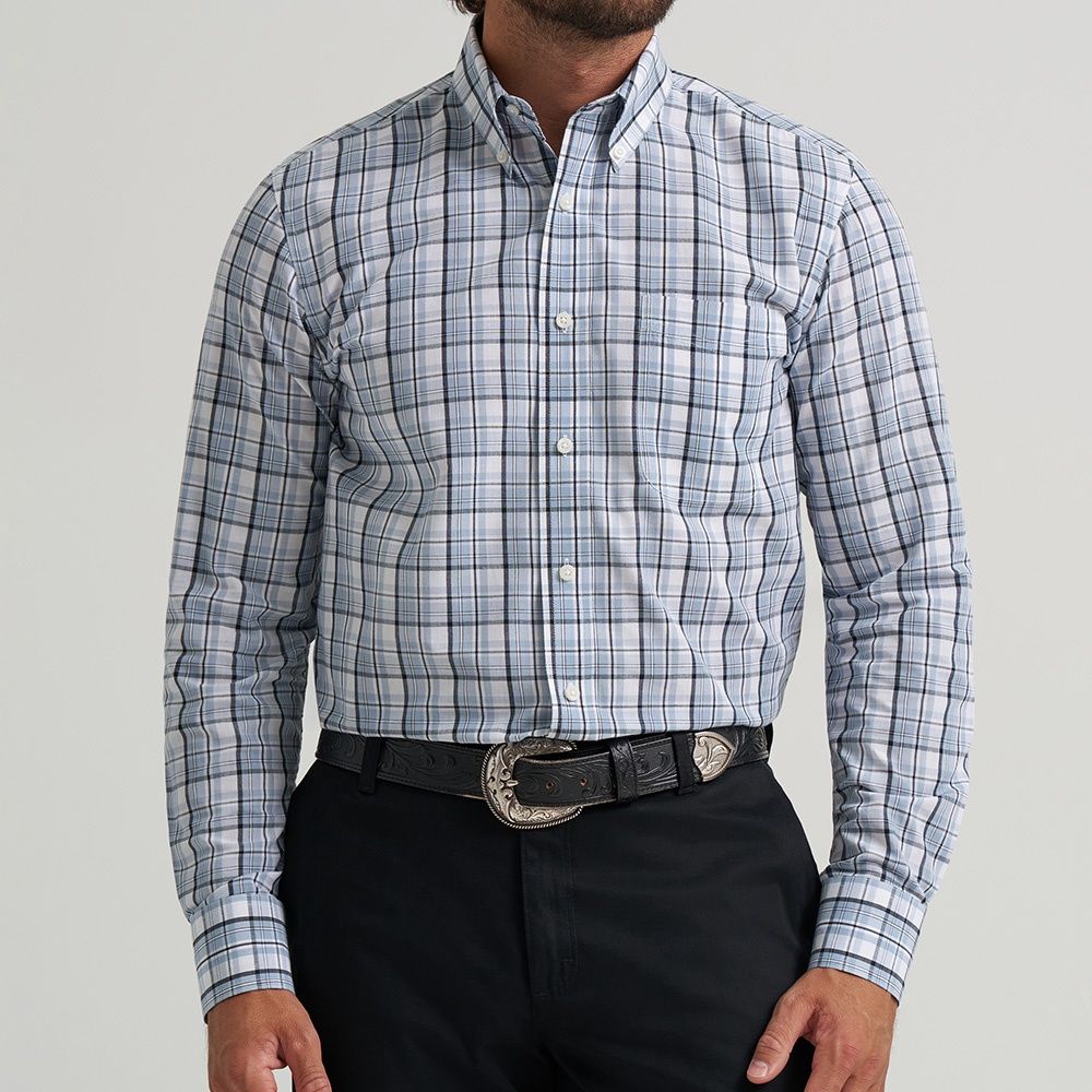 Wrangler Riata men’s blue gray plaid long sleeve shirt front view
