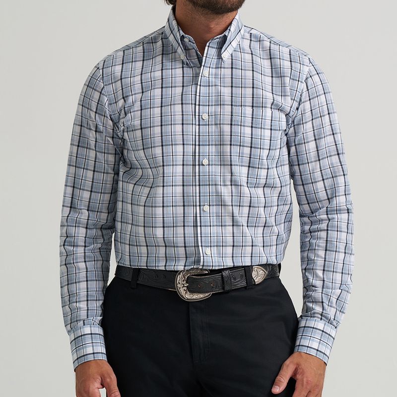 Wrangler Riata men’s blue gray plaid long sleeve shirt front view