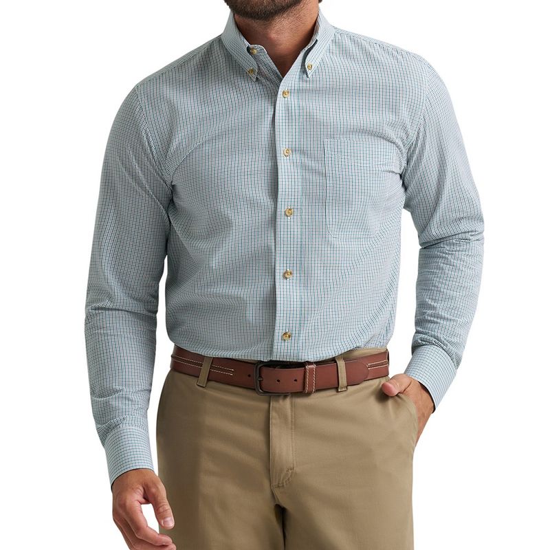 Wrangler Riata men’s green tan plaid long sleeve shirt front view