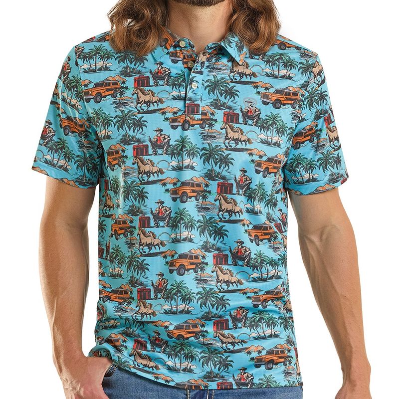 Rock and Roll Denim Dale Brisby men’s bright turquoise novelty printed polo front view