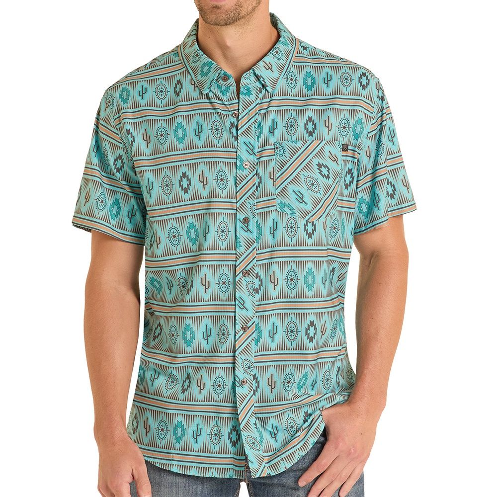 Rock and Roll Denim men’s TEK Western turquoise ripstop convo print shirt front view