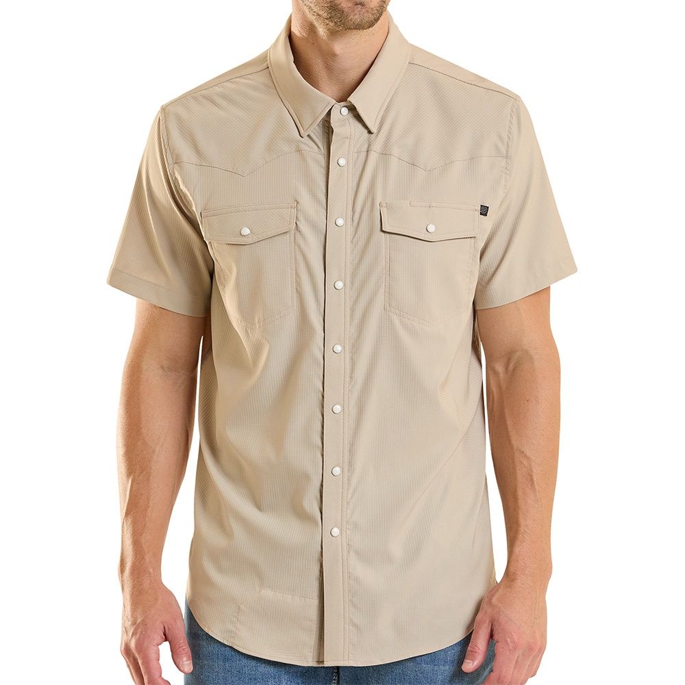 Rock and Roll Denim men’s TEK Western pearl snap 2 pocket shirt tan front view