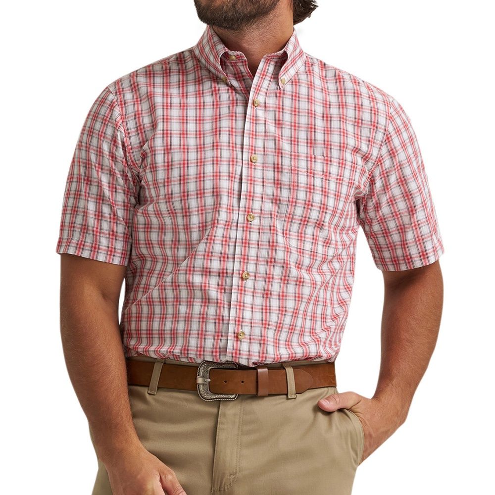 Wrangler men’s Riata red plaid short sleeve shirt front view