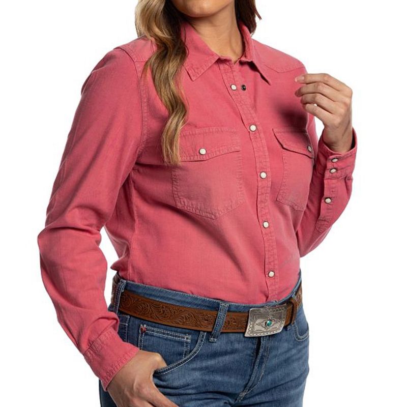 Justin Women's pink snap down chambray shirt front view