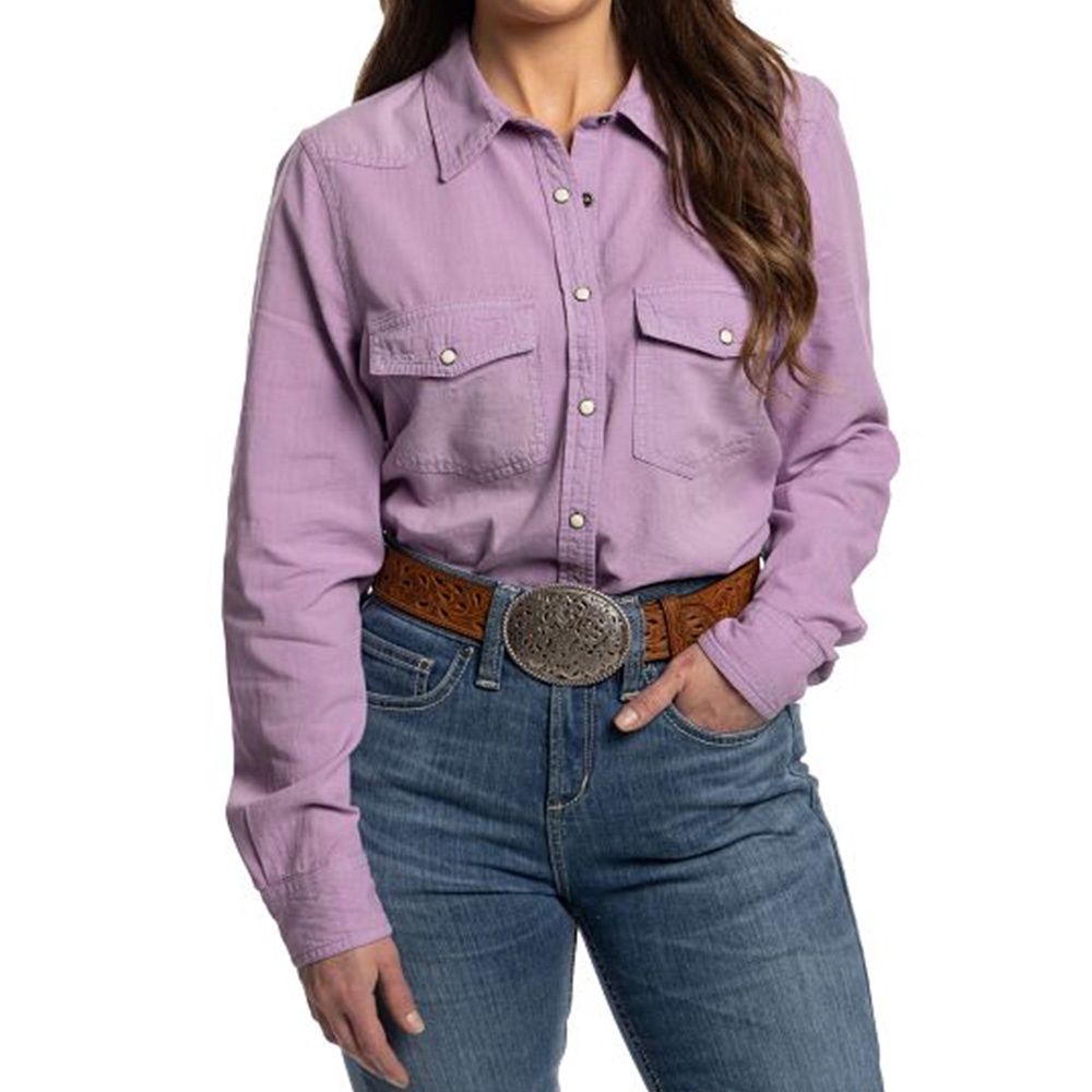 Justin Women's purple snap down chambray shirt front view