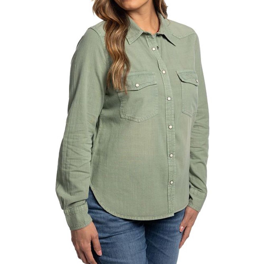 Justin Women's sage snap down chambray shirt front view
