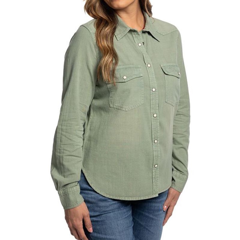 Justin Women's sage snap down chambray shirt front view