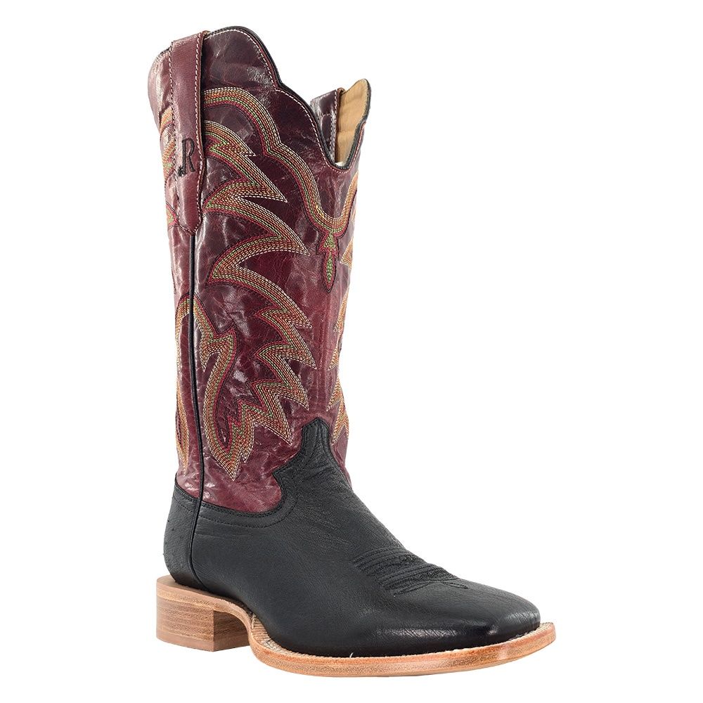 R. Watson Men's Black Smooth Ostrich cowboy boots with cherry shaft front view