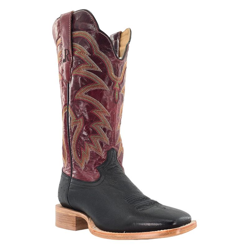 R. Watson Men's Black Smooth Ostrich cowboy boots with cherry shaft front view