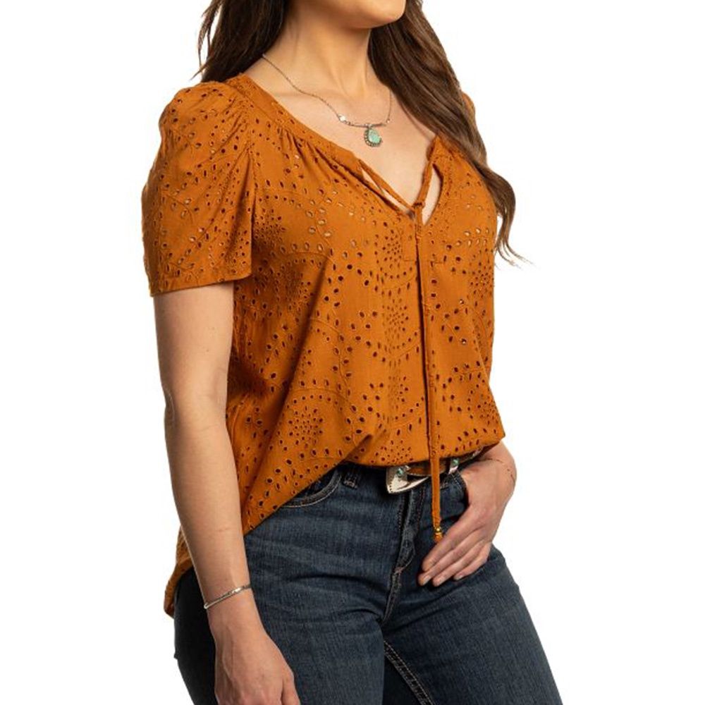 Justin Women's Brown Eyelet Peasant Top front view