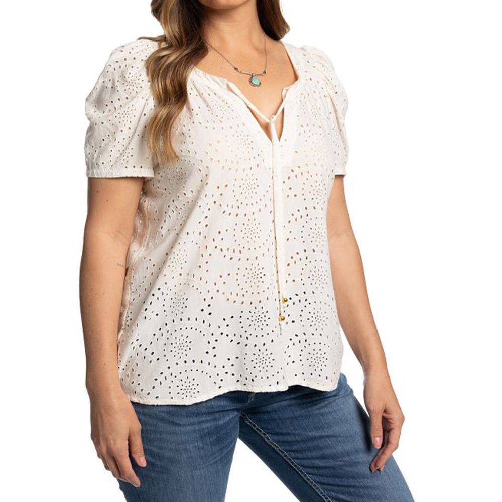 Justin Women's White Eyelet Peasant Top front view