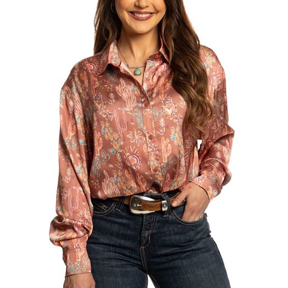 Justin Women's Brown Dolman satin button down shirt front view
