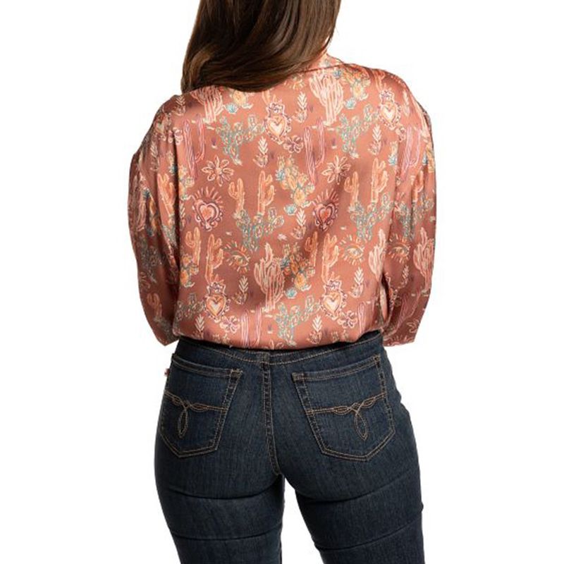 Justin Women's Brown satin button down shirt back view