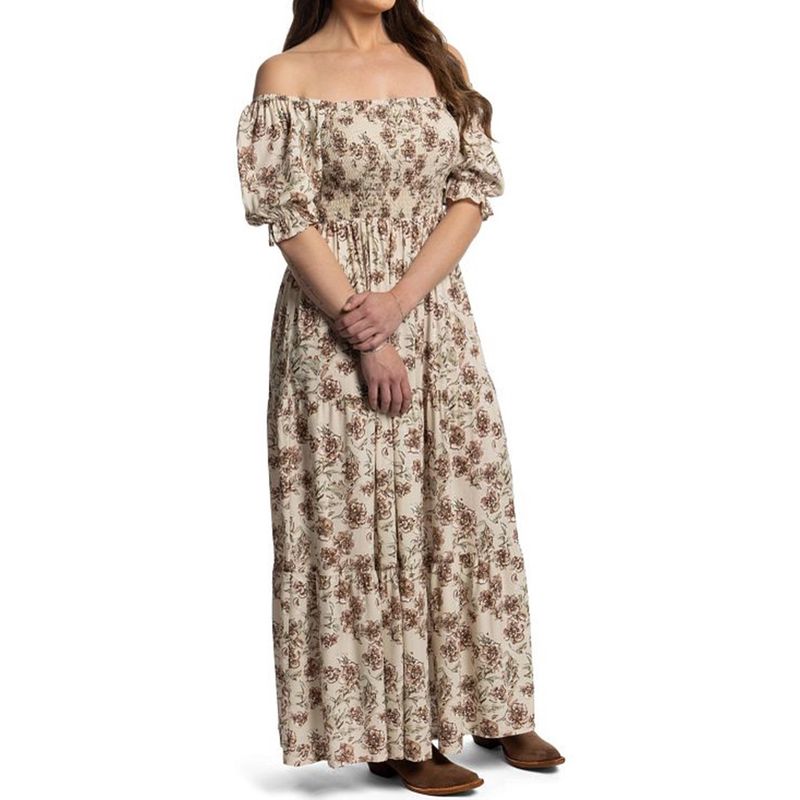 Justin Women's Smocked Floral Brown Cream Maxi Dress front view