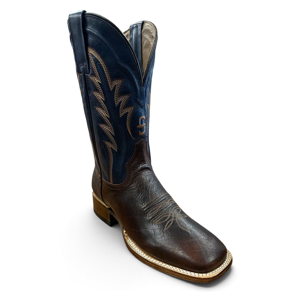 Stetson Men's Cimmaron Waxy Brown Bison Cowboy Boots worn with jeans for classic Western style
