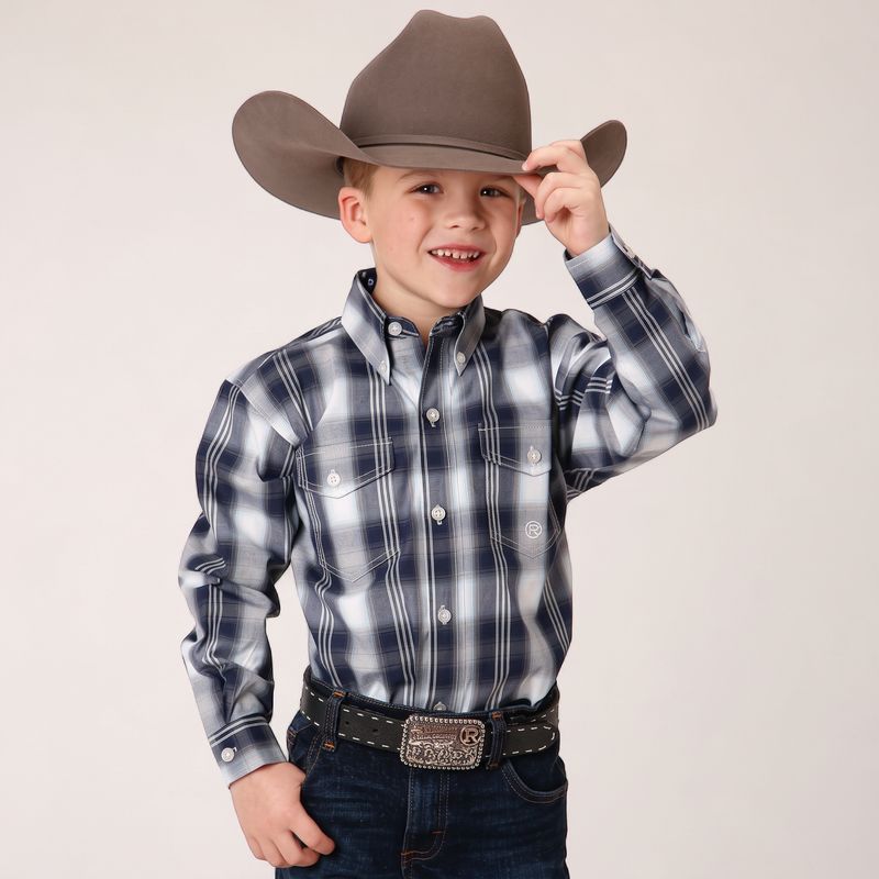 Roper Boy's Amarillo Starry Night Blue West Plaid Western Shirt front view