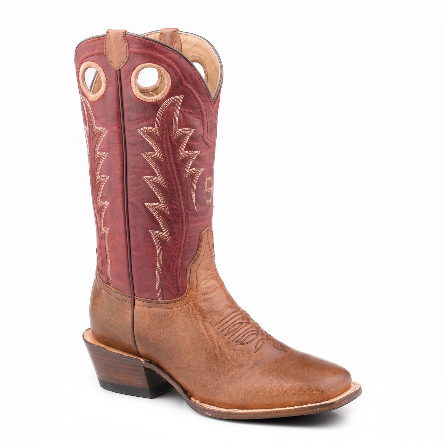 tetson Men's Laramie Burnish Brown and Burnish Red Leather Cowboy Boots side view