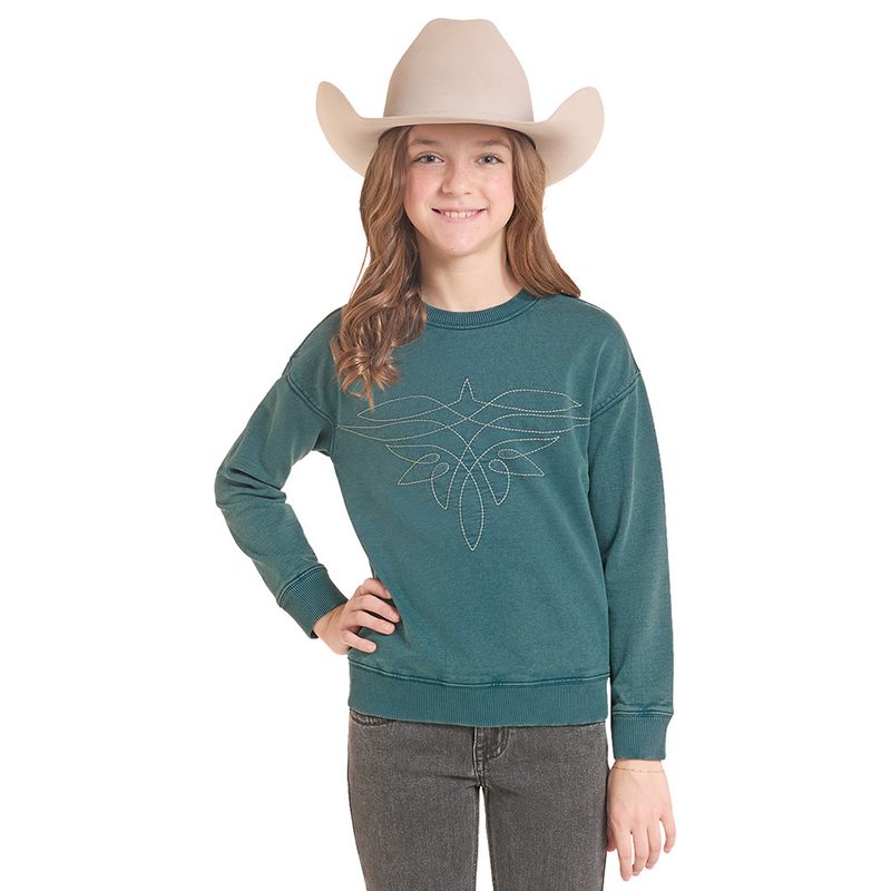 Rock &amp; Roll Denim Girls Teal Boot Stitch Pullover BG91T10013 front view