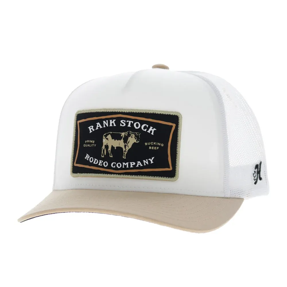 Hooey Rank Stock White Tan 5-Panel Trucker Hat 2661T-WHYL – Front View with Black Gold Rectangle Patch