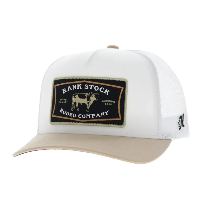 Hooey Rank Stock White Tan 5-Panel Trucker Hat 2661T-WHYL – Front View with Black Gold Rectangle Patch
