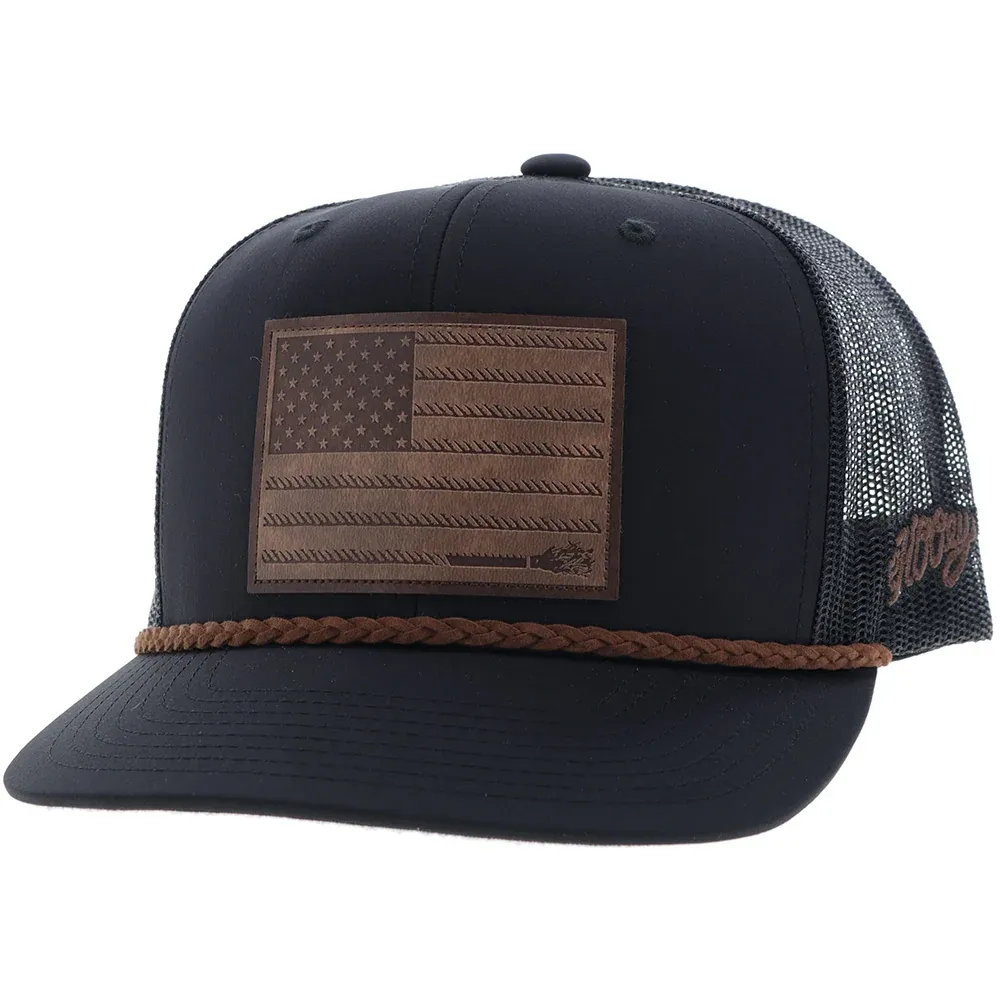 Hooey Liberty Roper Black Leather Patch Hat 2510T-BK – Front View with Leather Flag Patch