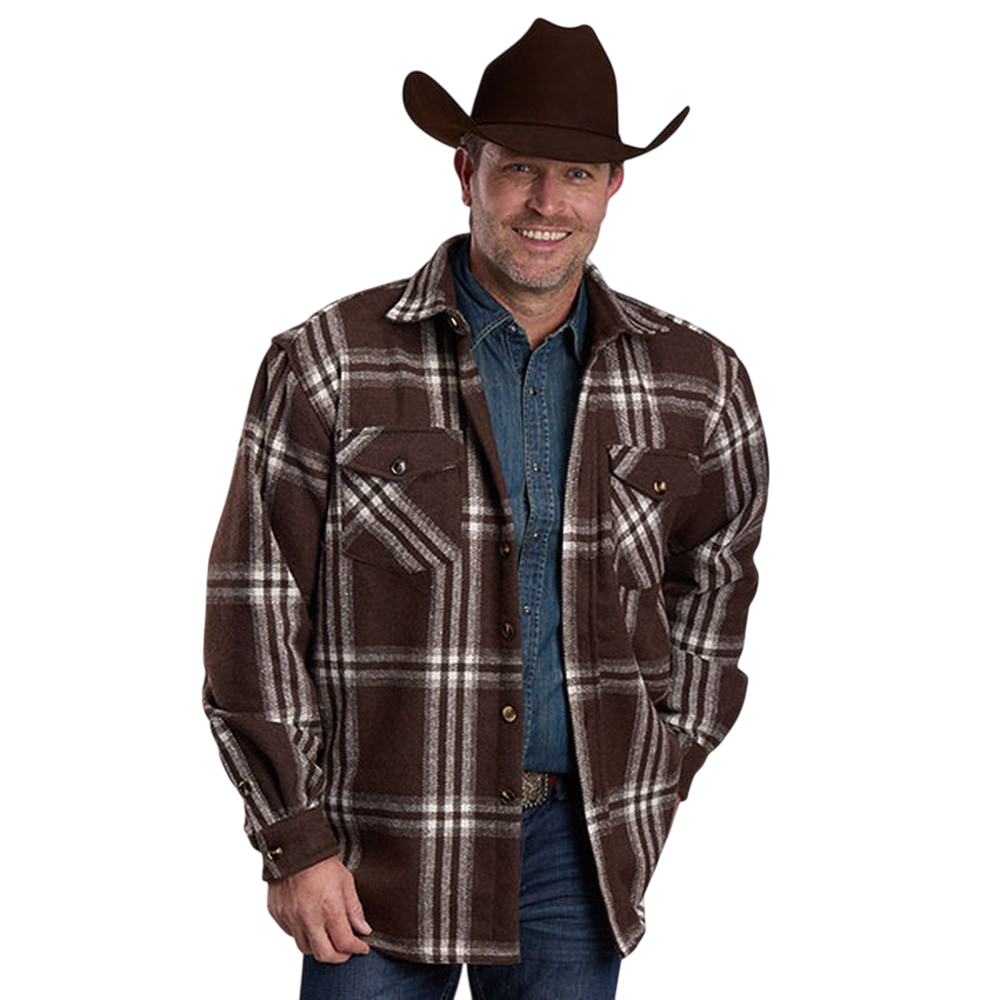 Roper men's heavy brushed twill Chocolate W/Cream plaid Western shirt front view with button closure and two flap chest pocke