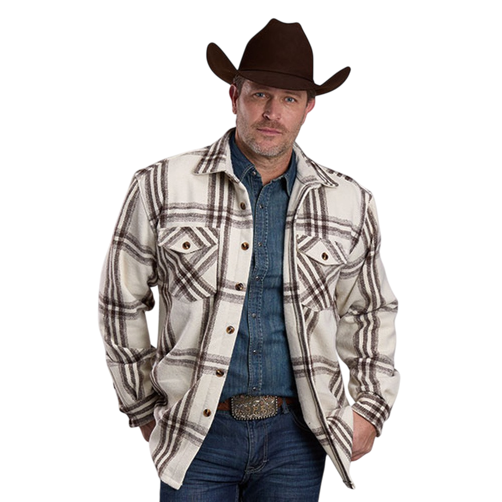 Roper men's heavy brushed twill Cream W/Chocolate plaid Western shirt front view with button closure and two flap chest pocke