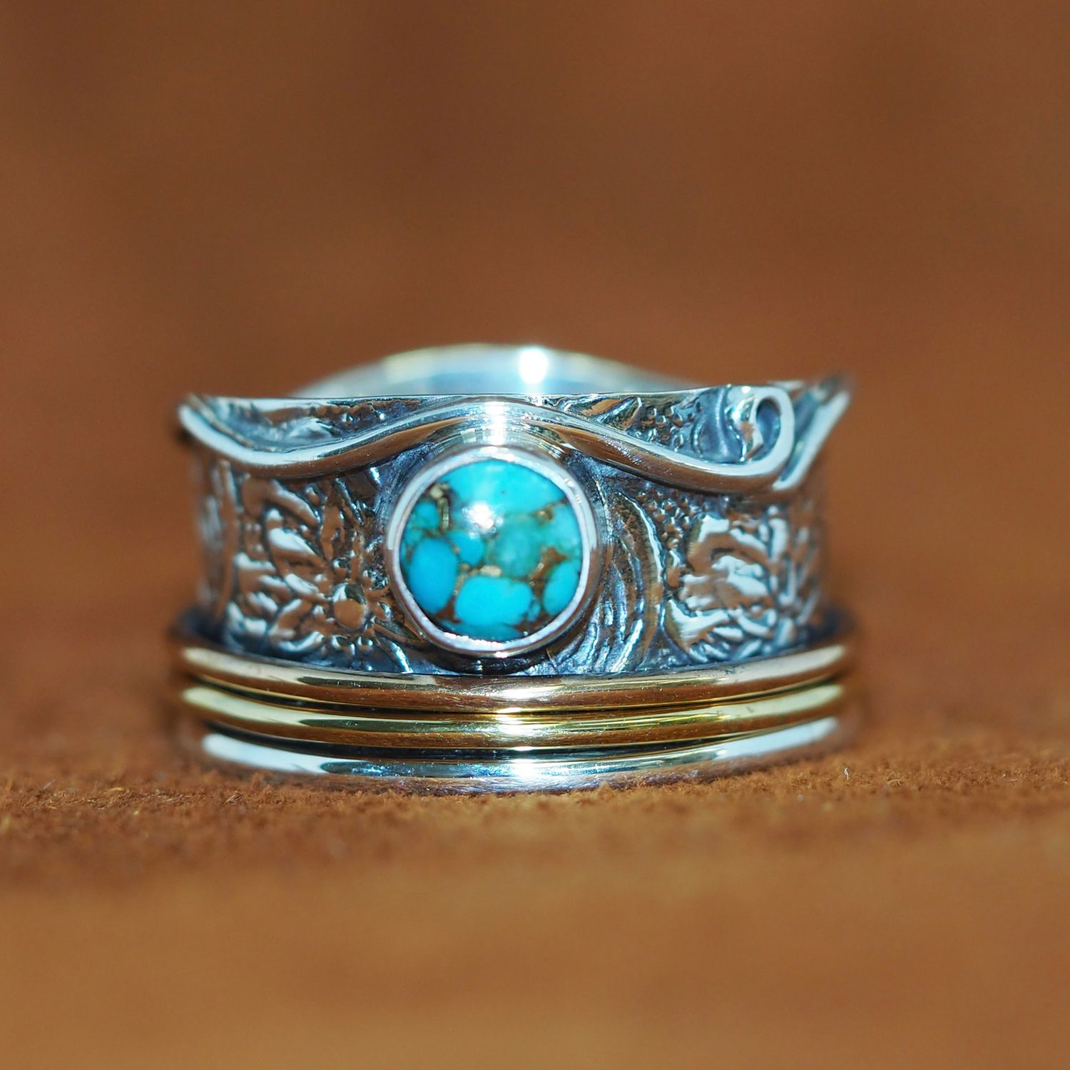 Spinner Ring - Gemstone in Sterling Silver with Brass and Copper, Gemstone: Turquoise, Size: 6