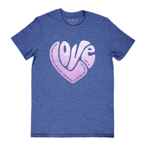 GTA4707-Love Heart Retro Heather Blue Cotton Crew Neck T-Shirt XL