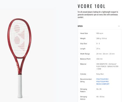 YONEX VCORE 100L (8e Gen.) - Raquette de tennis