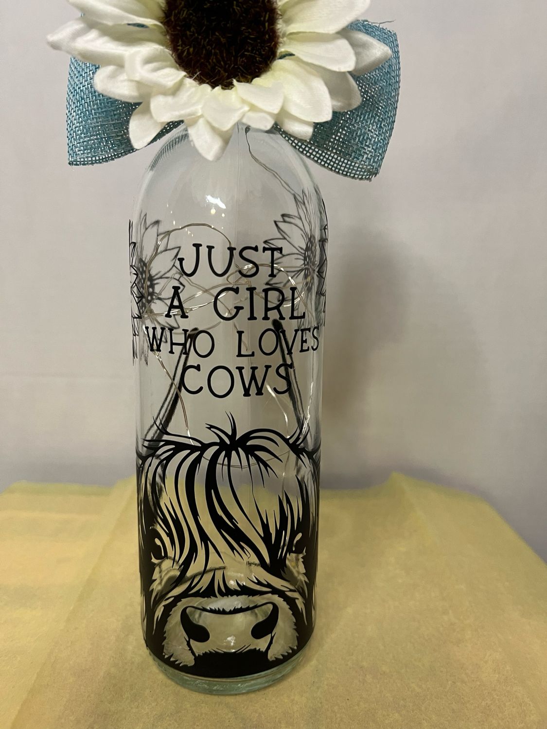 Highland Cow Wine Light With Blue Bow