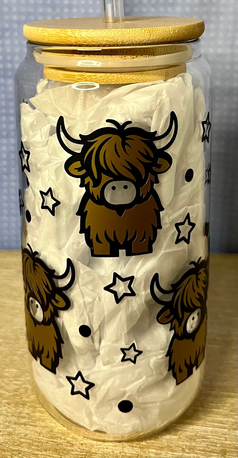 Highland cow glass can cup