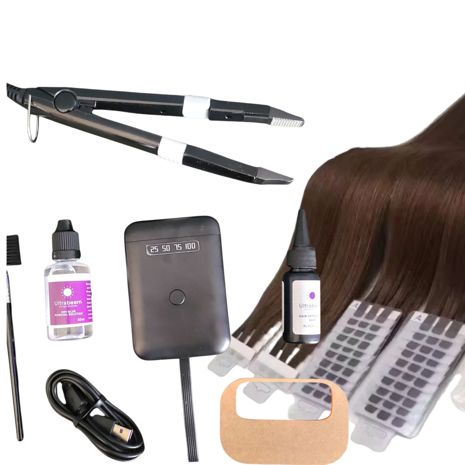 V-Light Hair Extensions Salon All-in-One Kit plus 100g V-Light Hair Extensions.