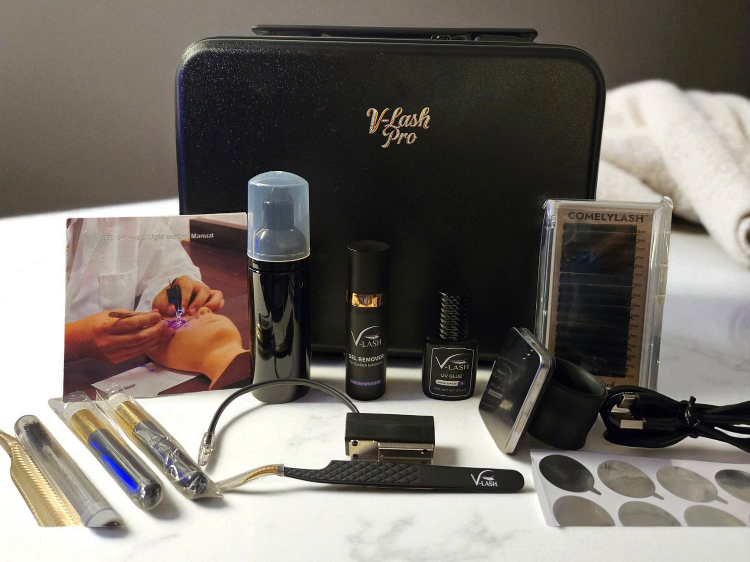 LED Eyelash Tweezer Lamp System Deluxe Essentials Travel Kit. All-inclusive