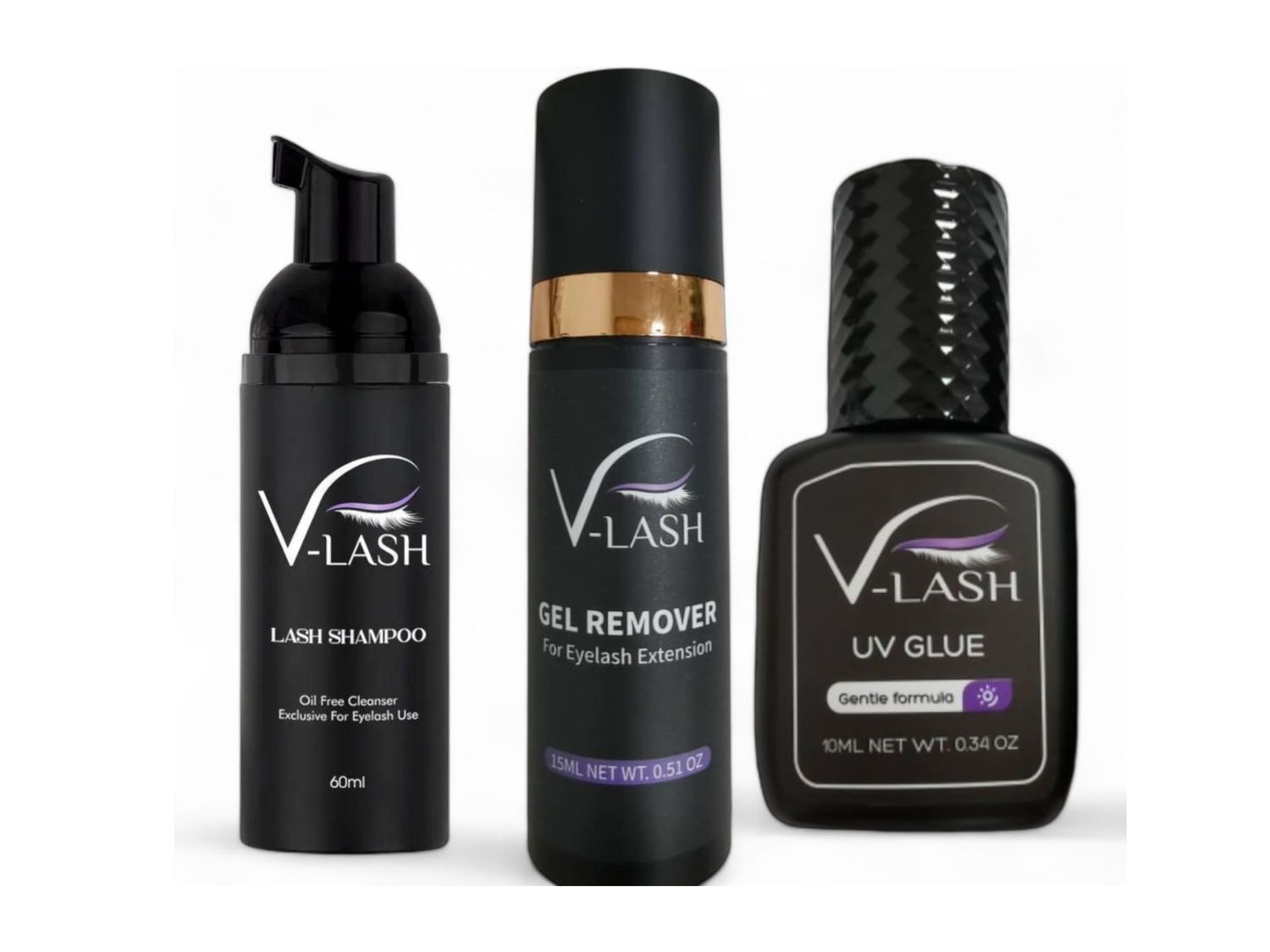 Eyelash Essentials Kit.  UV Lash Glue 10mL, Gel Remover 15mL, Lash Shampoo 60mL