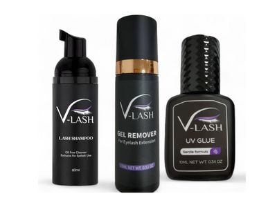 Eyelash Essentials Kit.  UV Lash Glue 10mL, Gel Remover 15mL, Lash Shampoo 60mL