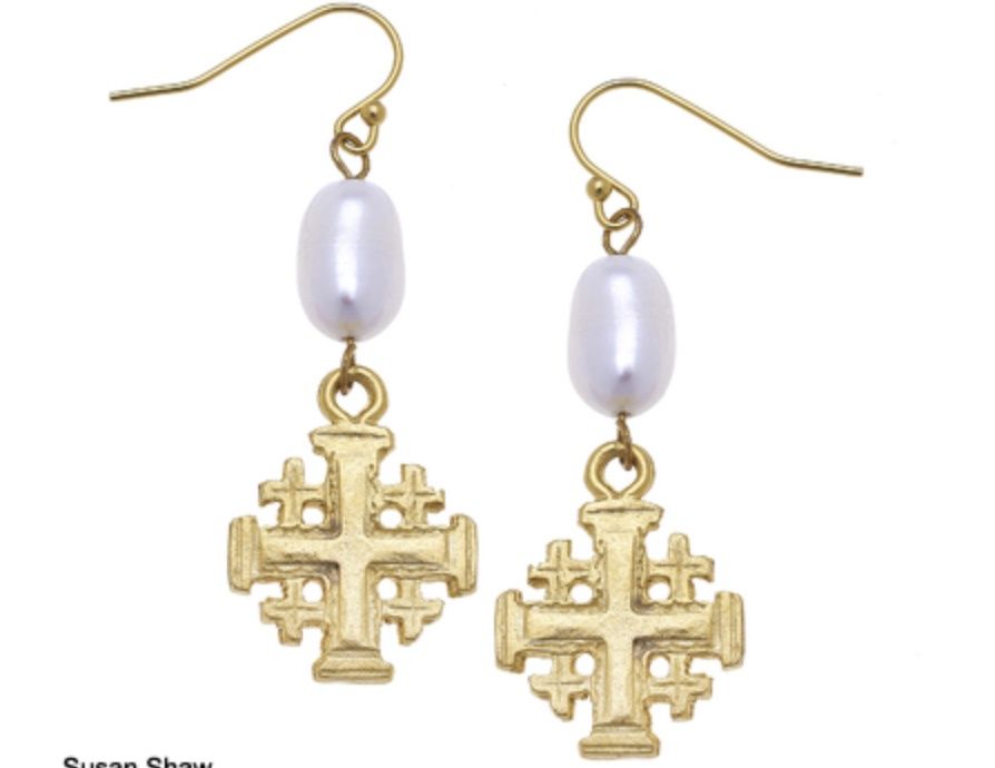 SS Jerusalem Cross Pearl Drop Earrings