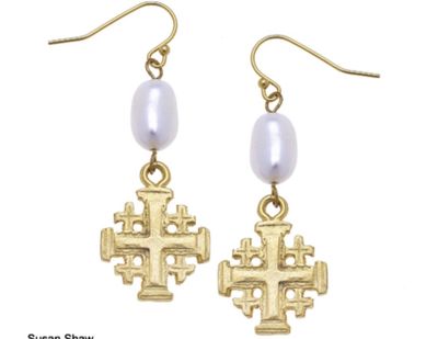 SS Jerusalem Cross Pearl Drop Earrings