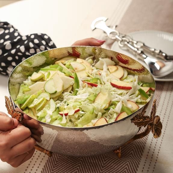 Hammered Steel Salad Bowl with Brass Leaf Stand