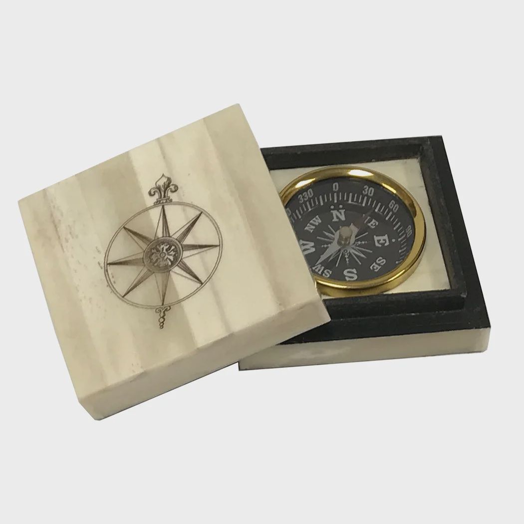 Compass Engraved Bone Box w/inlaid Brass Compass