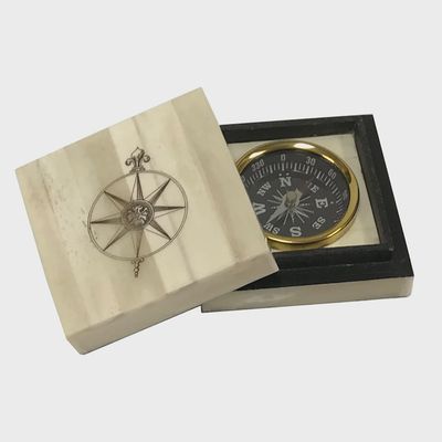 Compass Engraved Bone Box w/inlaid Brass Compass