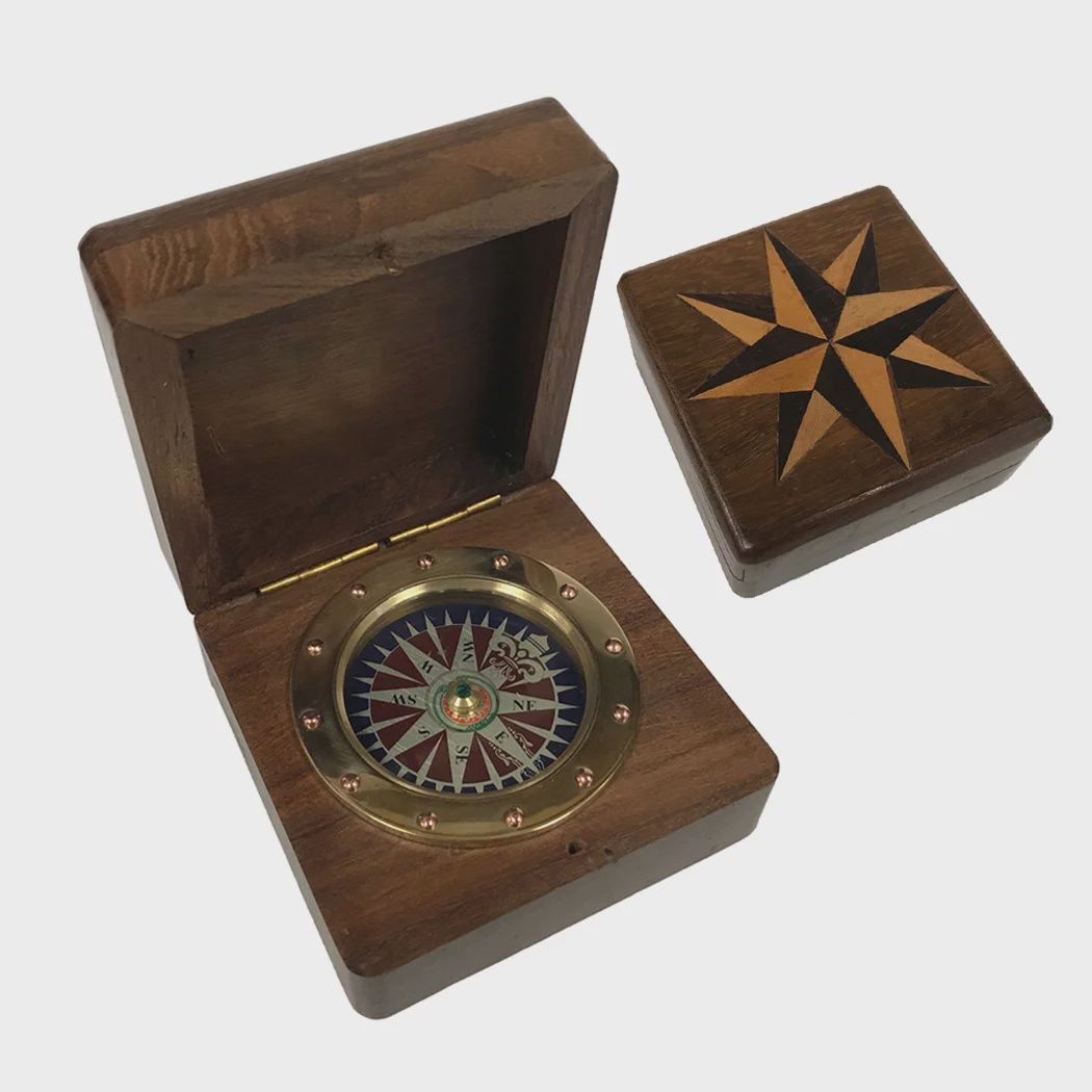Wood Box w/ Brass Compass