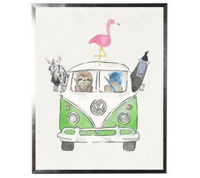 Volkswagen Bus w/ Emu Driver Framed Watercolor