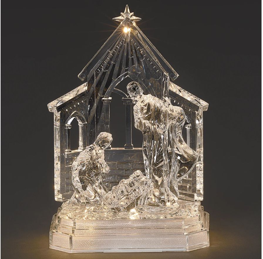 Lighted Holy Family in Stable with Star Overhead