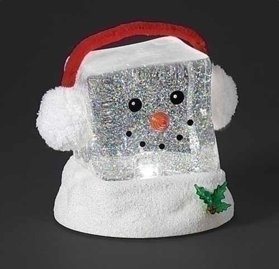 Lighted Swirl Cube Head Snowman w/ Earmuffs