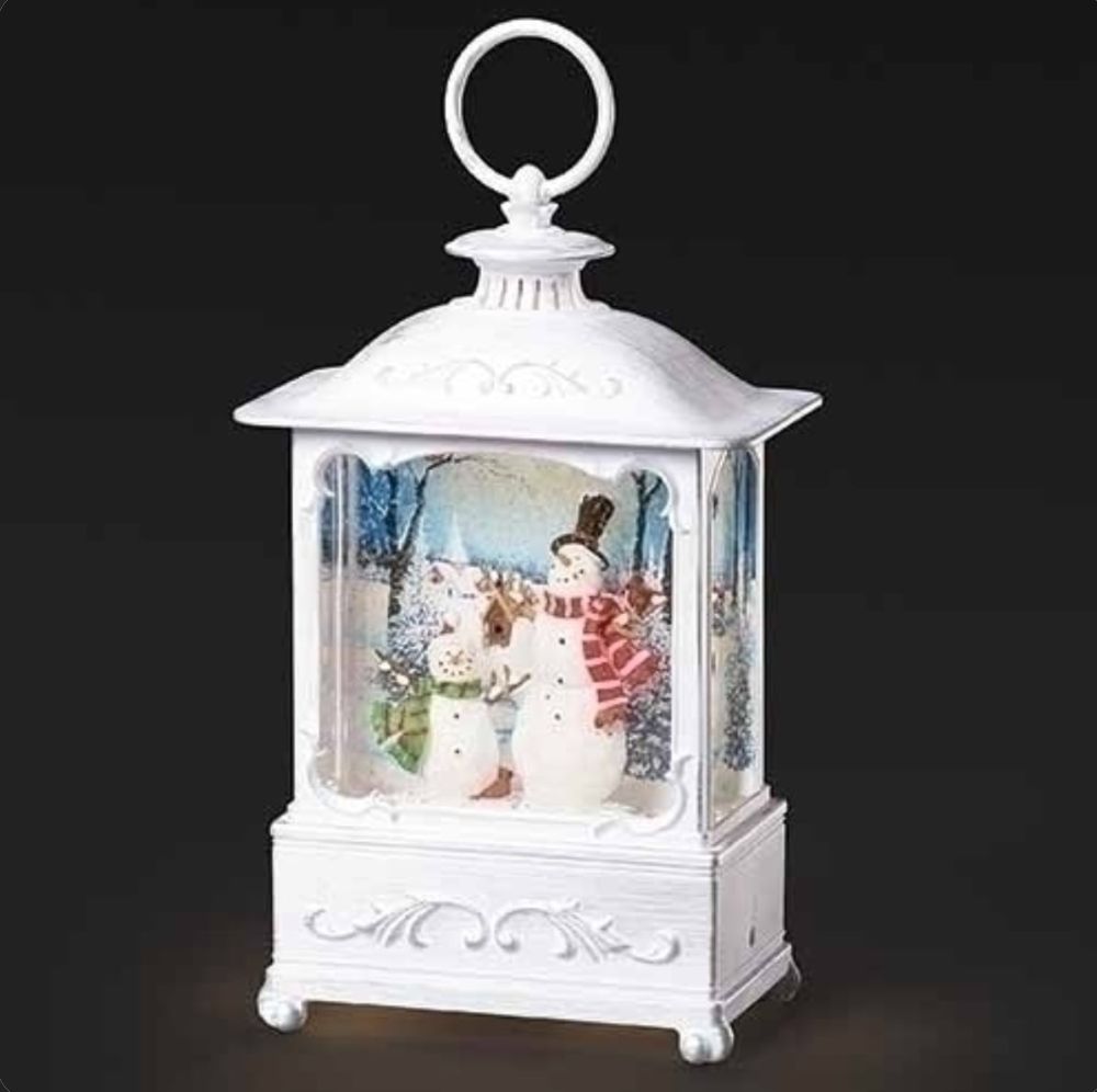 Lighted Swirl Snowman Lantern, Village Scene