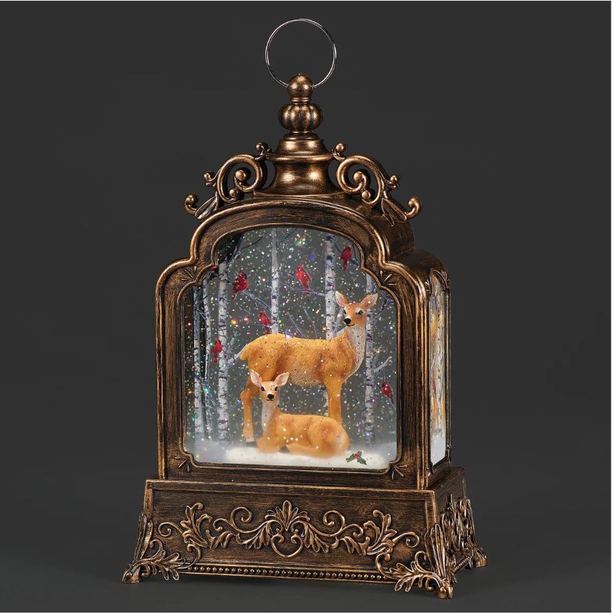 Confetti Lites Lighted Swirl Antique Lantern with Deer Family &amp; Cardinals in Birch Trees