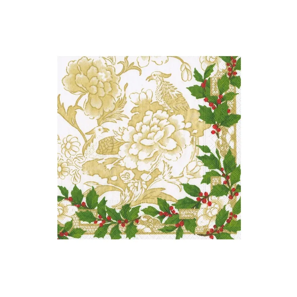 Caspari Holiday Cocktail Napkin, Pattern: Holly Ceramic