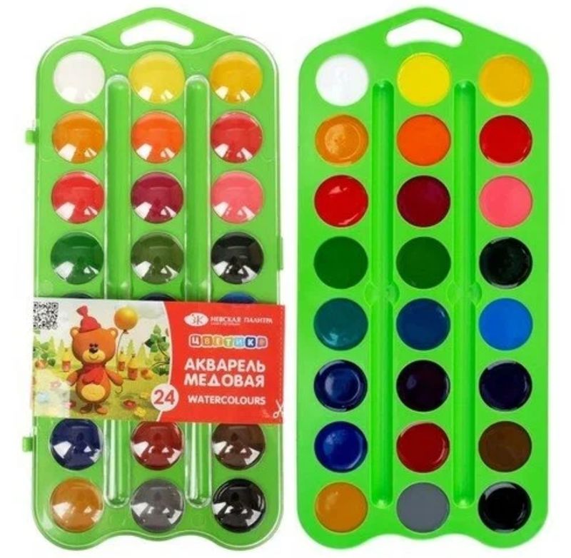 Nevskaya Palitra Honey Watercolours set `Tswetik` contains 24 colours, plastic case, Green box